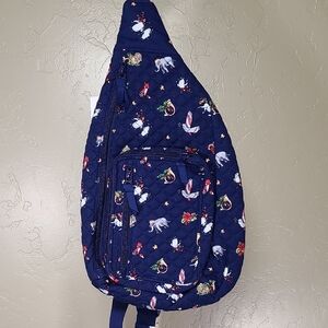Vera Bradley Quilted Blue Sling Backpack Owls Penguins Fox Star Horns Candycanes